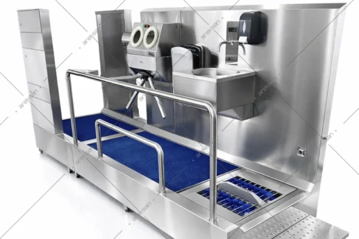 greenhouse hygiene barrier with misting and brush turnstile system general view