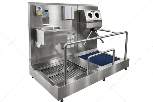 AR-600 turnstile hygiene station with stainless steel hand wash sink and foot sole disinfection