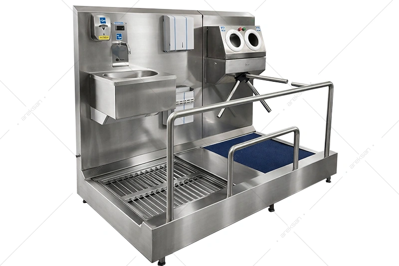 AR-600 turnstile hygiene station with stainless steel hand wash sink and foot sole disinfection