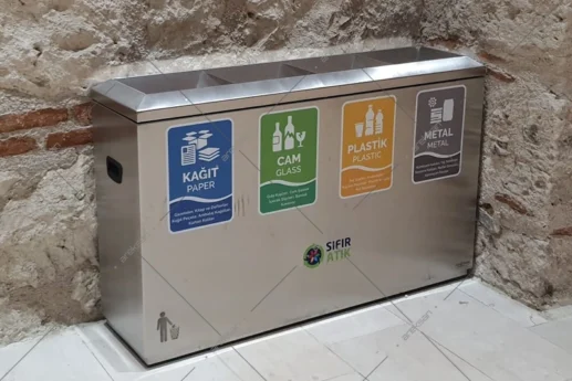SRB-101 three-compartment recycling unit with waste category labels