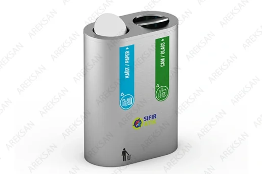 SRB-106 two-compartment recycling station with open swing lid detail