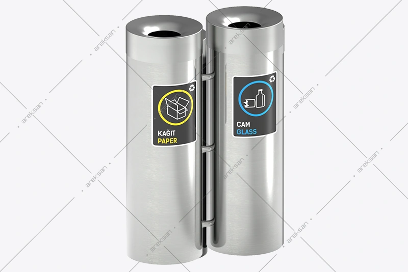 SRB-113 cylindrical stainless steel recycling bin set in black powder coating