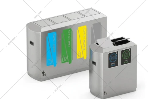 SRB-130 stainless steel recycling bin with rotating lids four-compartment view