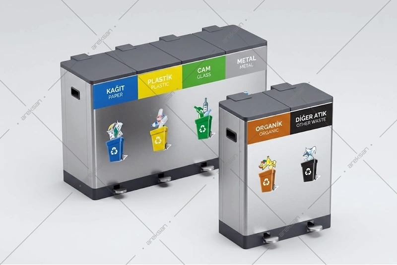 SRB-145 pedal-operated recycling bin with silent-close lids four-compartment view