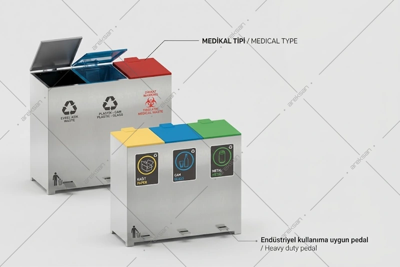 SRB-146 heavy-duty pedal recycling bin with medical waste compartment three-section view