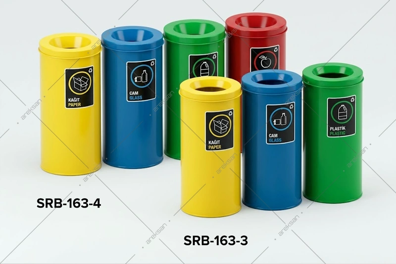 SRB-163 multi-color cylindrical recycling bins joined with connecting ring