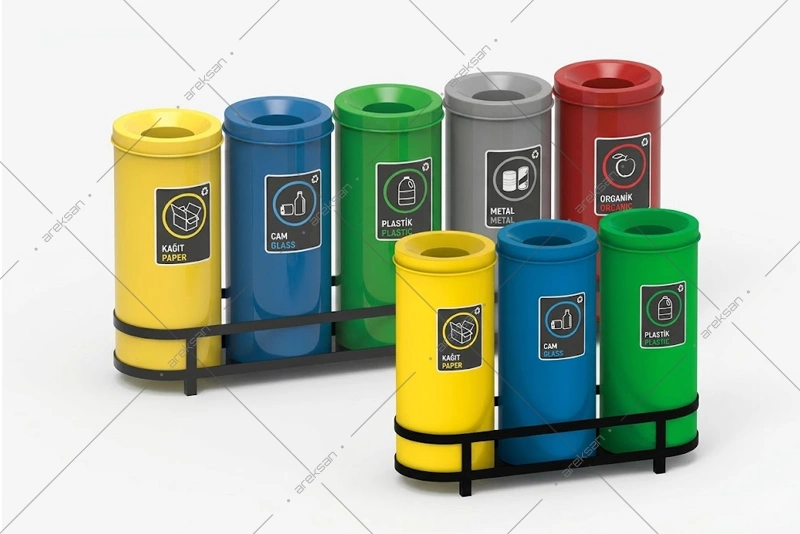 SRB-198 powder-coated cylindrical recycling bin set